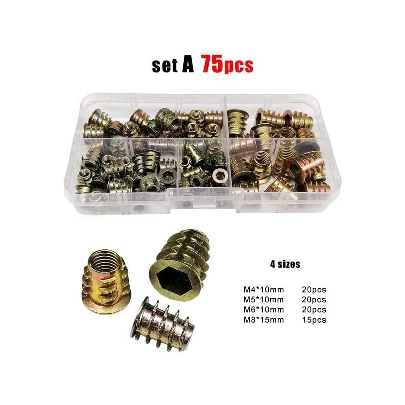 Caja de juego de 75 piezas tuercas para madera m4,m5,m6,m8