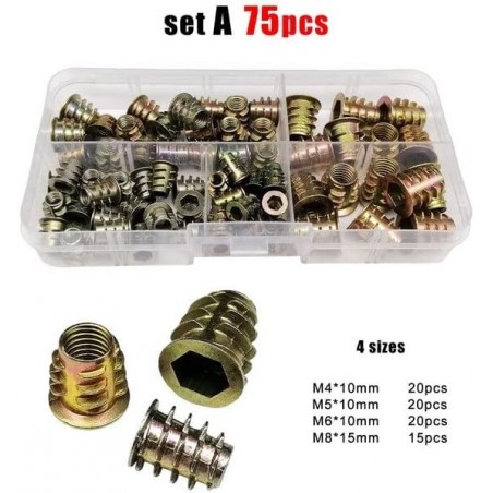 Caja de juego de 75 piezas tuercas para madera m4,m5,m6,m8